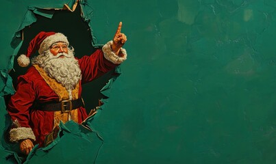 Wall Mural - Santa Claus breaking through wall with festive cheer and holiday spirit