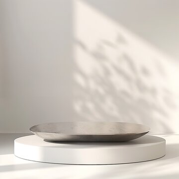 Modern Display with Shallow Bowl on Cylindrical Platform: A 3D Rendered Scene Featuring a Shallow, Round Bowl in a Light Gray or Beige Color, Resting on a White Cylindrical Platform, Set Against a Whi