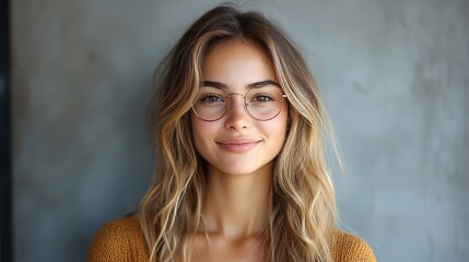 Poster - happy young businesswoman smiling and posing confidently against a neutral grey wall background
