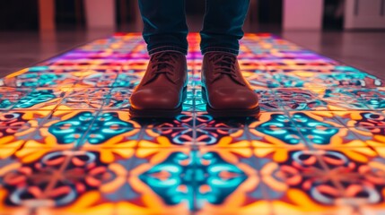 Poster - Person Standing on Colorful Patterned Floor with Vibrant Tiles and Intricate Designs in Modern Indoor Space, Showcasing Artistic and Contemporary Aesthetic Appeal
