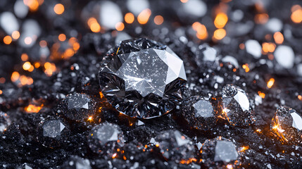 Poster - Glistening black diamonds on a textured surface with sparkling highlights