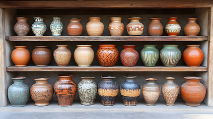 Poster - Colorful ceramic pots displayed on wooden shelves