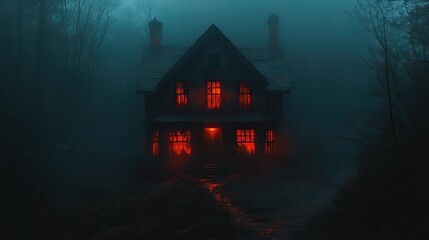 Poster - haunted house in the woods murder mystery story with a dark house at night the windows have a red glow to them and the creepy darkness extends to a street and a forest wallpaper