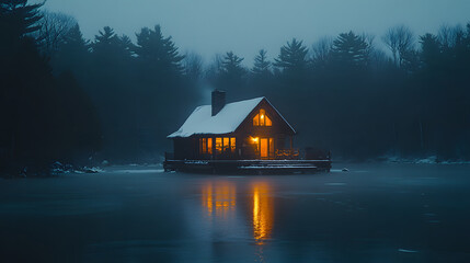 Poster - A cozy cabin illuminated by warm light in a snowy, misty landscape