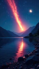 Wall Mural - comet's tail glows bright against moonlit lake, galaxy, astronomy