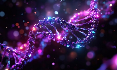 Poster - Colorful abstract representation of DNA helix with glowing particles and lights