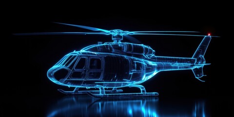 Poster - 3D holographic representation of a helicopter with glowing blue wireframe design