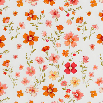 A charming floral pattern featuring small orange, red, and pink flowers delicately arranged on a white background.