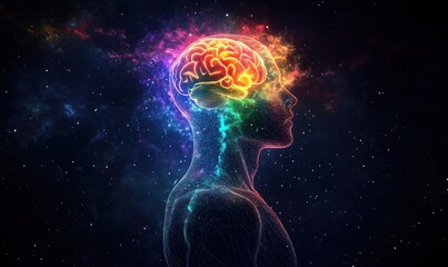 Poster - Human silhouette with glowing brain and cosmic background representing creativity and consciousness