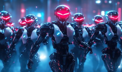 Poster - Futuristic army of sleek robots with glowing red eyes in a cyberpunk cityscape