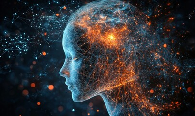 Poster - Digital representation of human brain with neural connections and glowing particles