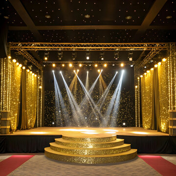 A luxurious golden stage background adorned with sparkling glitters and illuminated by vibrant spotlights.