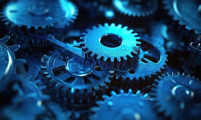 Poster - Intricate arrangement of metallic gears in blue lighting showcasing mechanical engineering