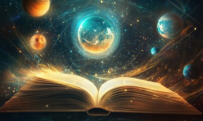 Poster - Cosmic book of knowledge revealing planets and galaxies in a mystical universe