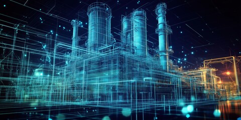 Poster - Futuristic industrial plant with digital wireframe overlay and glowing elements