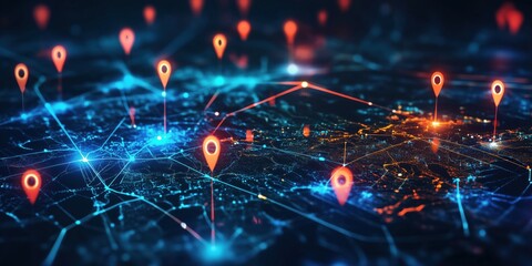 Poster - Digital map with location pins and network connections representing data visualization