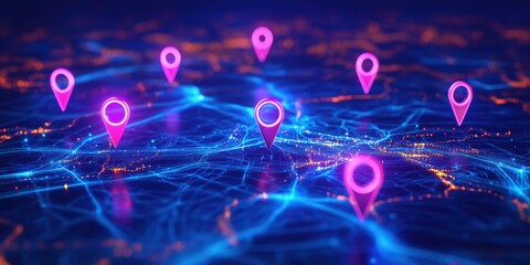 Poster - Digital map with glowing location pins representing navigation and connectivity