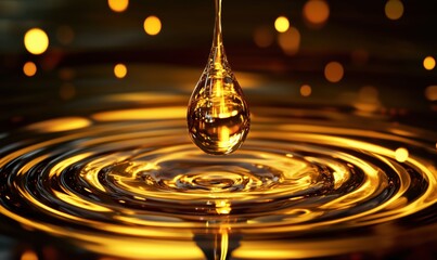 Poster - Golden water droplet creating ripples in shimmering liquid surface