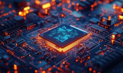 Poster - Futuristic microchip with glowing circuitry and vibrant orange lights