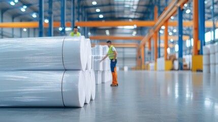 Poster - A spacious warehouse with rolls of material stacked neatly, while workers in safety gear monitor the inventory.