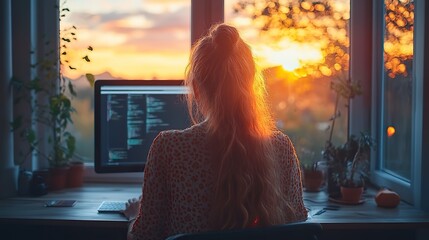 Poster - home office setting with woman working on personal computer comfortable remote work environment with modern technology