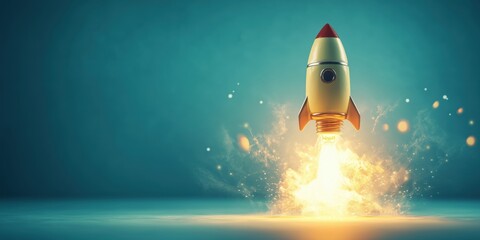 Poster - Rocket launching with vibrant flames and smoke against a teal background
