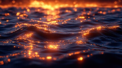 Poster - illuminated ocean waves at night with glowing lights reflecting on the sea surface