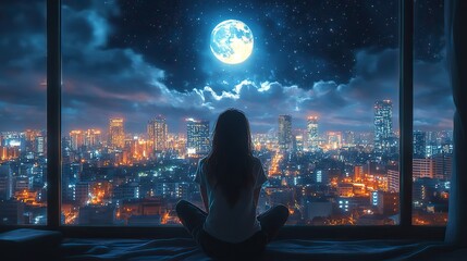 Poster - illustration of a cute girl in a cozy room listening to lo fi music and gazing at the moonlit city skyline