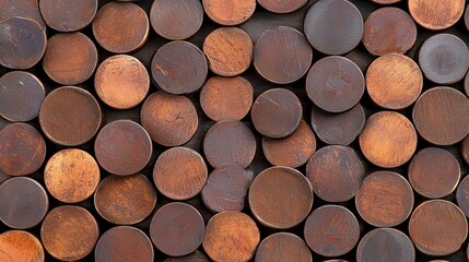 Poster - A close-up view of numerous round, rusted metal pieces arranged in a pattern, showcasing various textures and colors of oxidation.