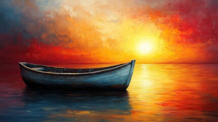 Poster - impressionist seascape painting with boat and sun rays on canvas texture colorful abstract modern art for background