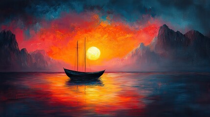 Poster - impressionist seascape painting with boat and sun rays on canvas texture colorful abstract modern art for background
