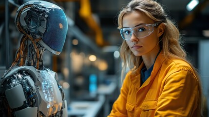 Poster - industry 4 0 project engineer and female operator working together on smart factory production line with ai and machine learning technology