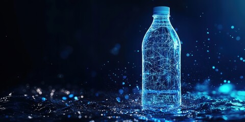 Poster - futuristic water bottle design with glowing network connections and water splashes