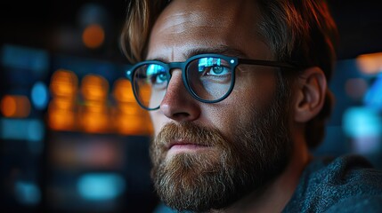 Poster - innovative software engineer engaged in advanced programming at a high tech office with multiple digital devices