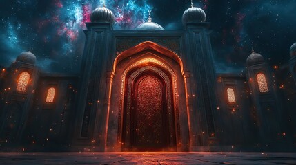 Poster - islamic ramadan greetings with ornamental door and galaxy sky background