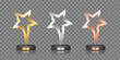 © backup16 - Award trophy set of golden, silver and bronze colors. Metal star shaped cups on transparent background. Realistic vector set of winners cups for sport competition, business achievement, recognition.