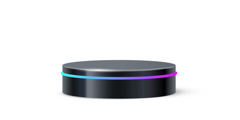 Poster - Black round podium with glow neon line. Product display stand isolated on white background. Cosmetic showcase pedestal, platform, stage for product presentation. Realistic vector illustration.