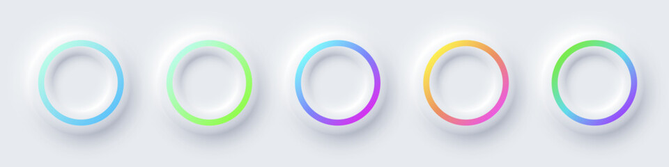 Poster - Round color frames with illuminated neon borders on white background. Glowing white circle frames with color lines. Modern abstract futuristic geometric vector illustration set in soft pastel tones.