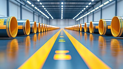 Poster - A modern warehouse interior showcasing neatly arranged cylindrical pipes with bright yellow ends, highlighting a clean and organized workspace.