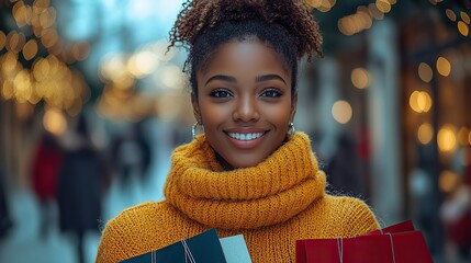 Poster - joyful african woman shopping for gifts at a festive mall with colorful shopping bags
