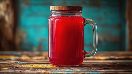 Poster - Decoratively filled glass jar with vibrant red liquid, perfect for display or beverage purposes
