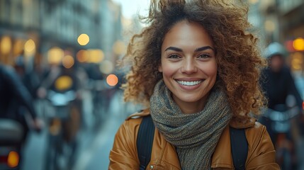 Poster - joyful businesswoman commuting on a bicycle to work in urban setting city lifestyle and sustainable transportation concept