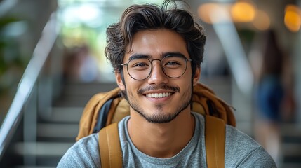 Poster - joyful college student smiling happily on stairs university lifestyle in natural light education concept