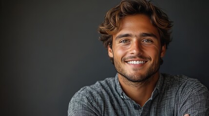Poster - joyful smiling young man with folded arms cheerful portrait photography in studio setting on gray background confident and happy male model