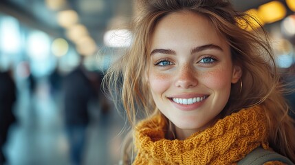 Poster - joyful traveler waiting for flight at busy airport departure terminal near immigration area