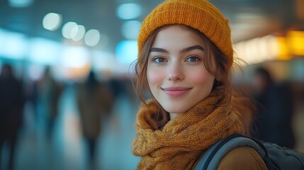 Poster - joyful traveler waiting for flight at busy airport departure terminal near immigration area