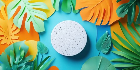 Poster - Colorful tropical leaves surrounding white circular object on vibrant blue background