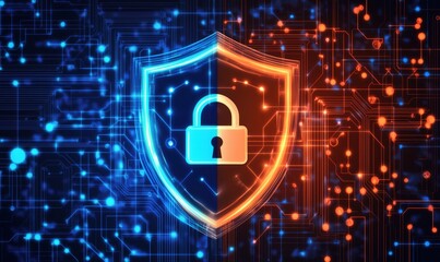 Poster - Cybersecurity shield symbolizing digital protection with blue and orange circuitry background