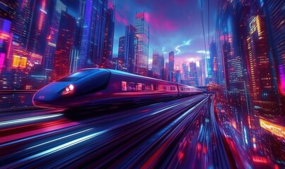 Poster - Futuristic high-speed train racing through neon-lit cityscape at night