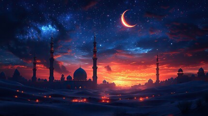 Poster - lanterns in the desert under starry night sky with mosque and crescent moon ramadan kareem illustration blue background